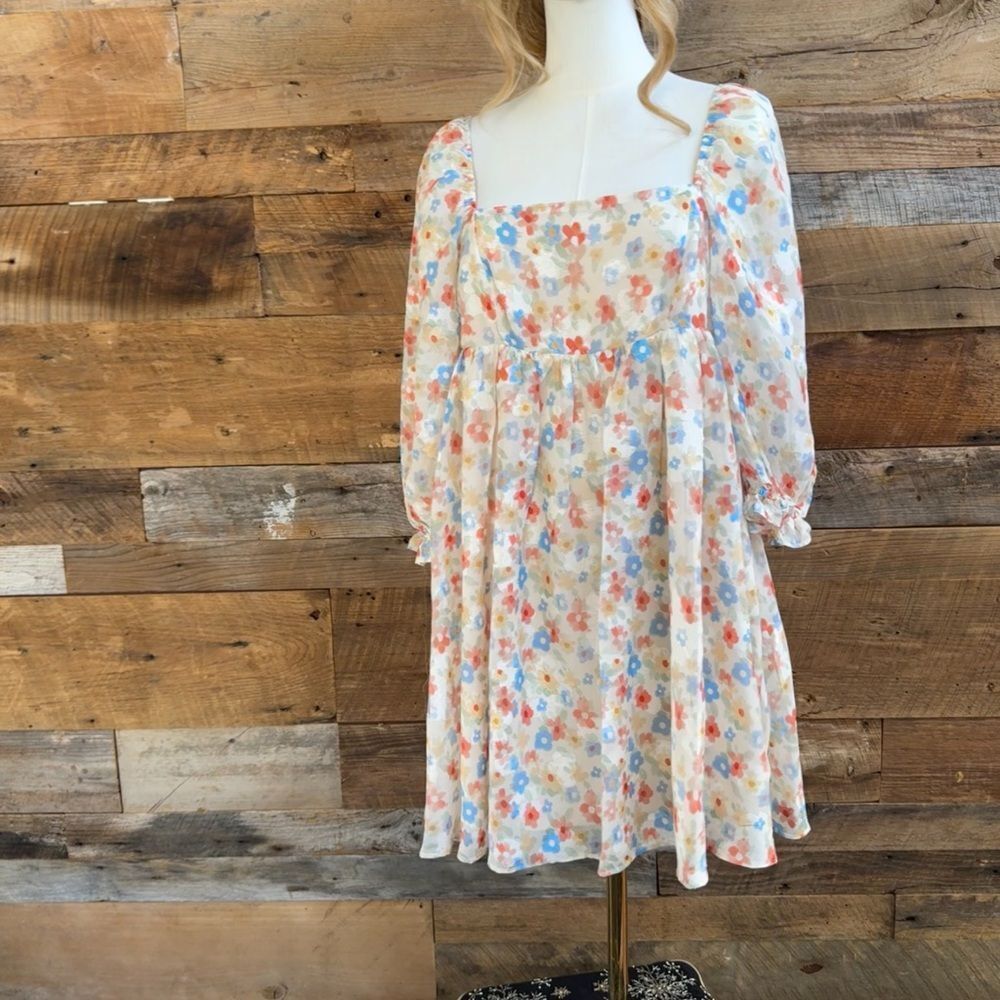 Storia Floral Square Neck Babydoll Mini Dress Pastel Blue Orange Cream Small